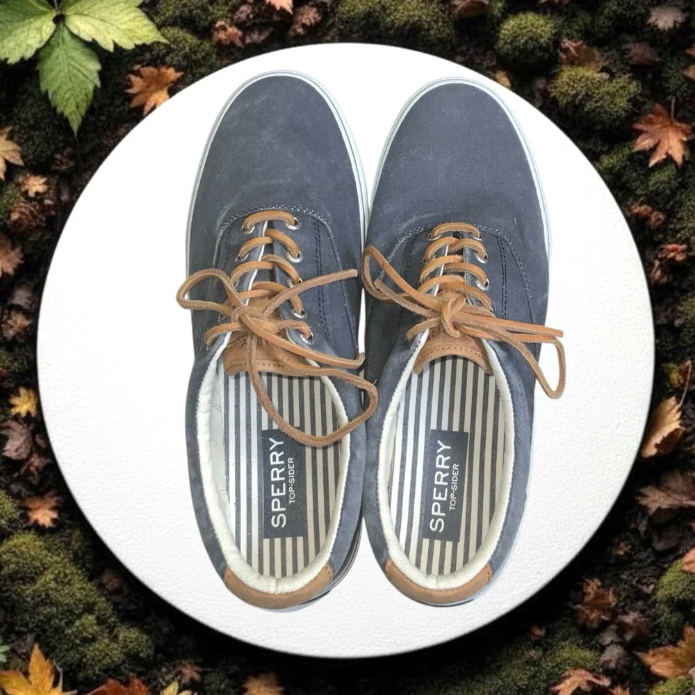 Sperry Top-Sider Dark Gray Blue Stripes II CVO Canvas & Leather Shoes Men Sz 12